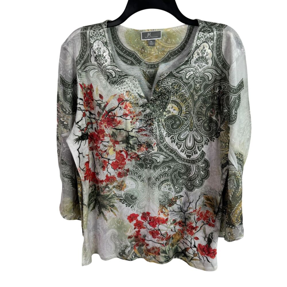 JM Collection Women's Top Size XL Floral Print 3/4 Sheer Sleeves